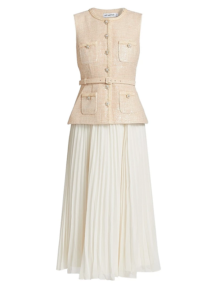 Sequined Bouclé & Pleated Chiffon Midi-Dress