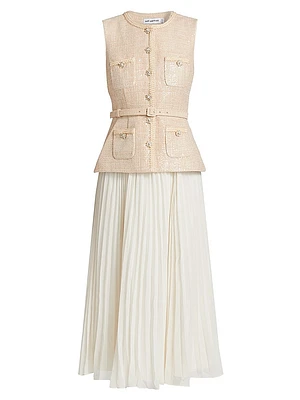 Sequined Bouclé & Pleated Chiffon Midi-Dress