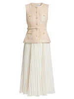 Sequined Bouclé & Pleated Chiffon Midi-Dress