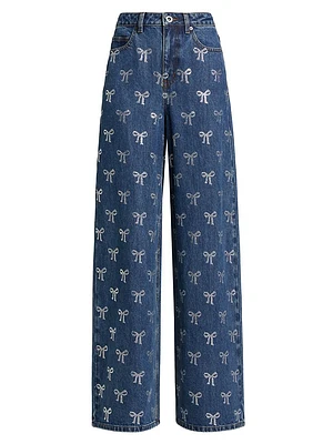Rhinestone Bow High-Rise Straight-Leg Jeans