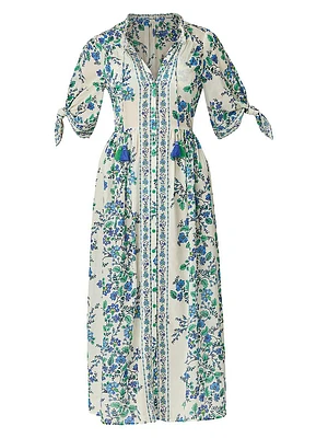 Floral Cotton Tie-Sleeve Midi-Shirtdress