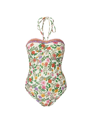 Cinched Floral Halter One-Piece Swimsuit
