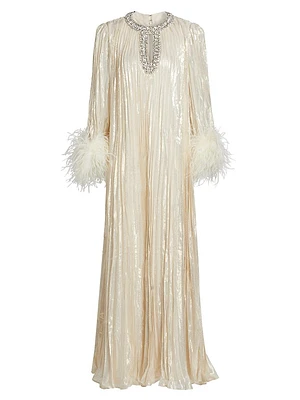 Metallic Plissé Feather-Trim Maxi Dress