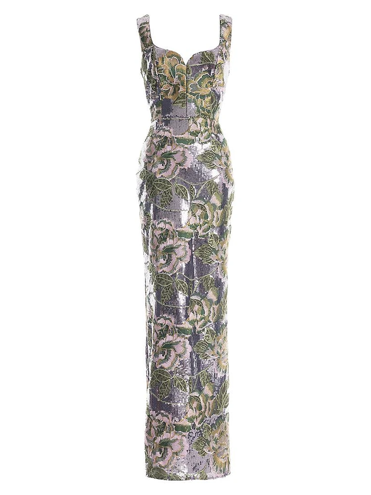 Goldie Floral Embroidered Sequin Sheath Gown