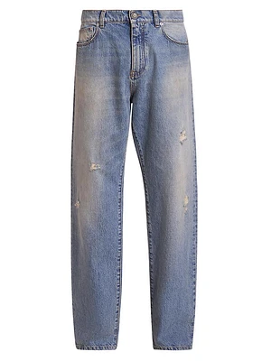 Distressed Denim Mid-Rise Straight-Leg Jeans