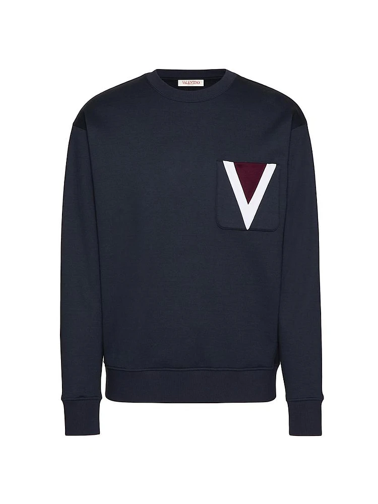 Cotton Crewneck Sweatshirt with Inlaid V