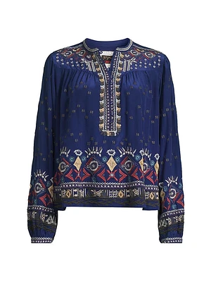 Forest Fern Embroidered Silk Blouse