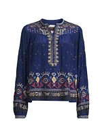 Forest Fern Embroidered Silk Blouse