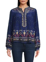 Forest Fern Embroidered Silk Blouse