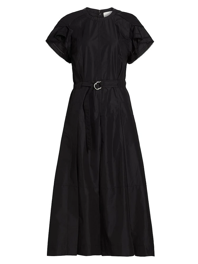Cascade Drape Belted Midi-Dress