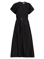 Cascade Drape Belted Midi-Dress