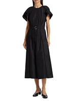Cascade Drape Belted Midi-Dress