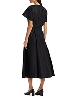 Cascade Drape Belted Midi-Dress