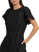 Cascade Drape Belted Midi-Dress