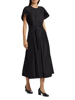 Cascade Drape Belted Midi-Dress