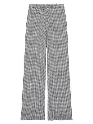 Houndstooth Linen-Blend Straight Trousers