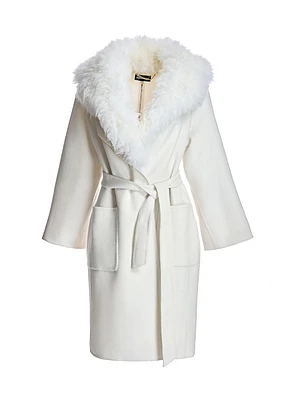 Wool Blend Belted Fur Trim Coat