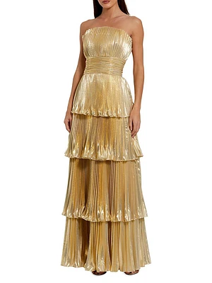 Metallic Pleated Strapless Tiered Gown