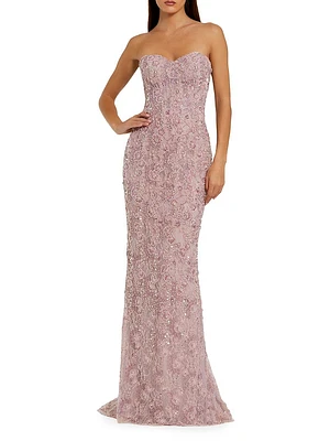 Embellished Floral Lace Strapless Gown