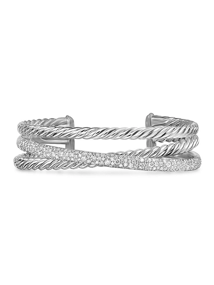 Pavé Crossover Three Row Cuff Bracelet Sterling Silver