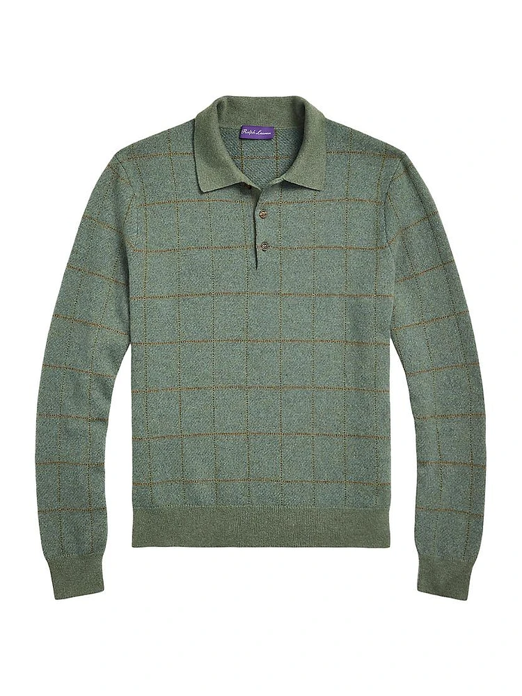 Plaid Cashmere-Wool Polo-Collar Sweater