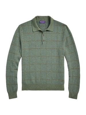 Plaid Cashmere-Wool Polo-Collar Sweater