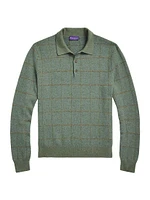 Plaid Cashmere-Wool Polo-Collar Sweater