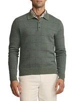 Plaid Cashmere-Wool Polo-Collar Sweater