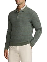Plaid Cashmere-Wool Polo-Collar Sweater
