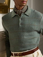 Plaid Cashmere-Wool Polo-Collar Sweater