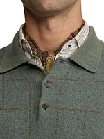 Plaid Cashmere-Wool Polo-Collar Sweater