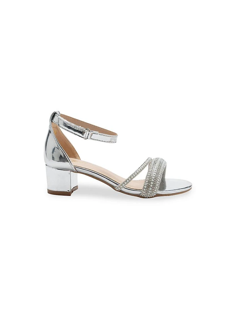 Little Girl's and Diagonal Rhinestone Band Block Heels