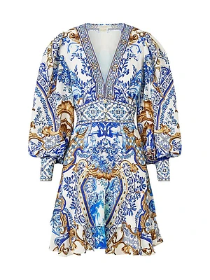 Printed Silk Button-Front Frill Dress