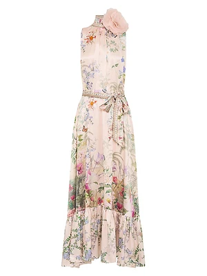 Floral Silk Tieneck A-Line Maxi Dress