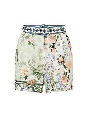Printed Tuck-Front Belted Shorts