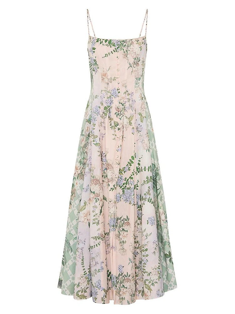Floral Linen-Silk Corset Fit & Flare Maxi Dress