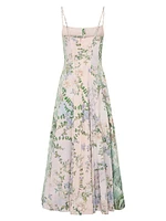 Floral Linen-Silk Corset Fit & Flare Maxi Dress