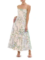 Floral Linen-Silk Corset Fit & Flare Maxi Dress