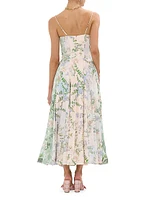 Floral Linen-Silk Corset Fit & Flare Maxi Dress
