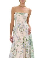 Floral Linen-Silk Corset Fit & Flare Maxi Dress