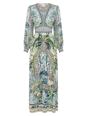 Botanic Print Silk Blouson-Sleeve A-Line Maxi Dress