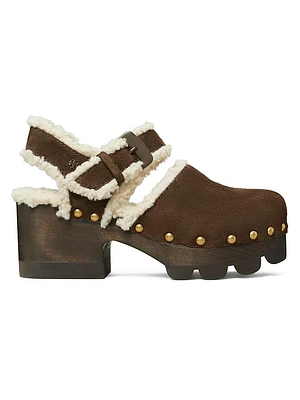 Shearling-Trimmed Suede Clogs