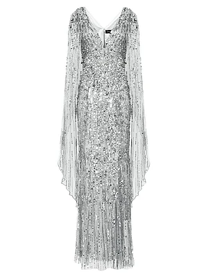 Honey Sequined Cape-Sleeve Gown
