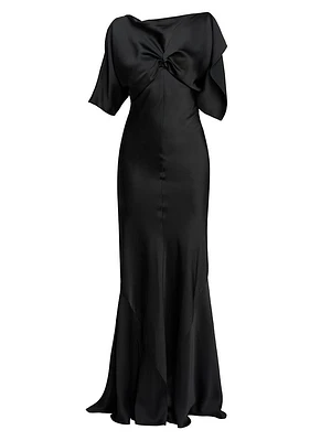 Gathered Satin Cap-Sleeve Gown