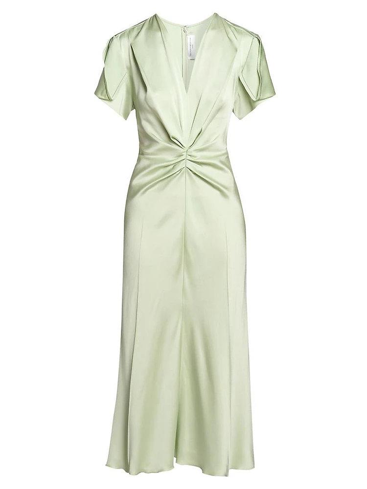 Gathered Satin Crêpe V-Neck Midi-Dress
