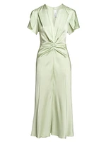 Gathered Satin Crêpe V-Neck Midi-Dress