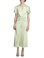 Gathered Satin Crêpe V-Neck Midi-Dress