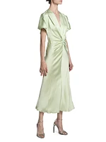 Gathered Satin Crêpe V-Neck Midi-Dress