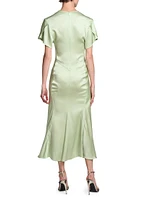 Gathered Satin Crêpe V-Neck Midi-Dress