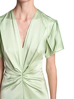Gathered Satin Crêpe V-Neck Midi-Dress